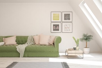 White living room with sofa. Scandinavian interior design. 3D illustration