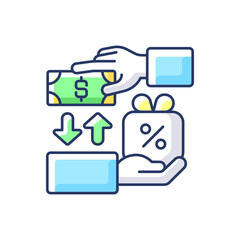 Freebie marketing RGB color icon. Business model in which one item is sold at low price to increase sales of complementary good. Isolated vector illustration