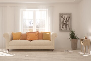 White living room with sofa. Scandinavian interior design. 3D illustration