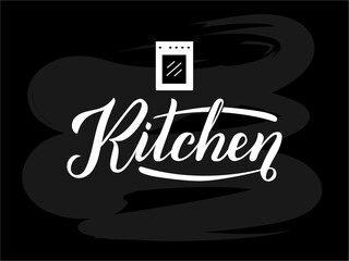 Vector illustration of kitchen lettering for banner, leaflet, poster, logo, advertisement, price list, web design. Handwritten text for template, signage, billboard, print, flyer of furniture shop
