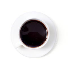 White cup of hot black coffee isolated on white background, clipping path, top view