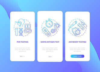 Fototapeta na wymiar Covid testing types onboarding mobile app page screen with concepts. PCR, antibody checking walkthrough 3 steps graphic instructions. UI vector template with RGB color illustrations