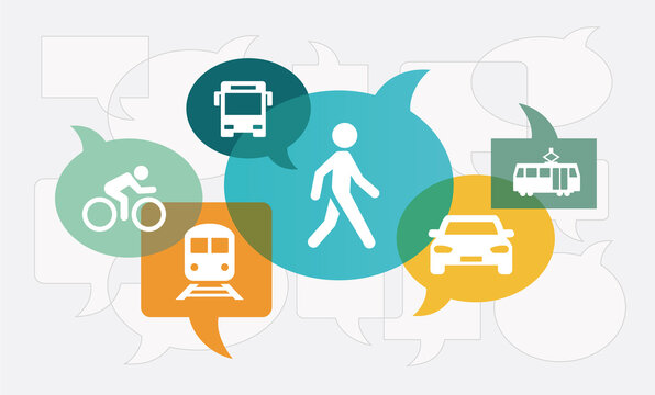 Future mobility concepts vector illustration (all layers full opacity). Concept with icons related to alternative urban modes of transport, flexible mobility solutions, sustainability.
