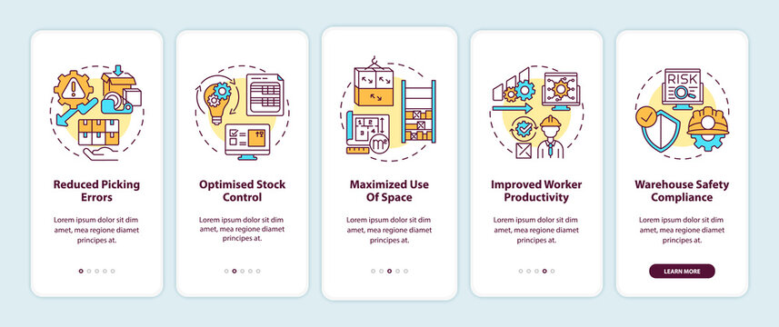 Warehouse organization and optimization onboarding mobile app page screen with concepts. Storehouse walkthrough 5 steps graphic instructions. UI vector template with RGB color illustrations