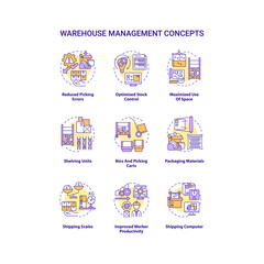 Warehouse management concept icons set. Reduced picking errors. Optimise stock control. Maximised use of space idea thin line RGB color illustrations. Vector isolated outline drawings. Editable stroke