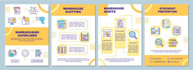 Naklejka na ściany i meble Warehousing guidelines brochure template. Stockout prevention. Flyer, booklet, leaflet print, cover design with linear icons. Vector layouts for magazines, annual reports, advertising posters