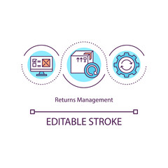 Returns management concept icon. Reverse logistics in supply chain. Shipping service. Storehouse management idea thin line illustration. Vector isolated outline RGB color drawing. Editable stroke