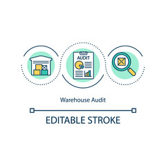Warehouse audit concept icon. Storage space assessment and optimization. Storehouse management idea thin line illustration. Vector isolated outline RGB color drawing. Editable stroke