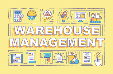 Warehouse management word concepts banner. Storehouse organization. Storage service. Infographics with linear icons on yellow background. Isolated typography. Vector outline RGB color illustration