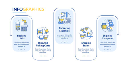 Storehouse vector infographic template. Warehouse management presentation design elements. Data visualization with 5 steps. Process timeline chart. Workflow layout with linear icons