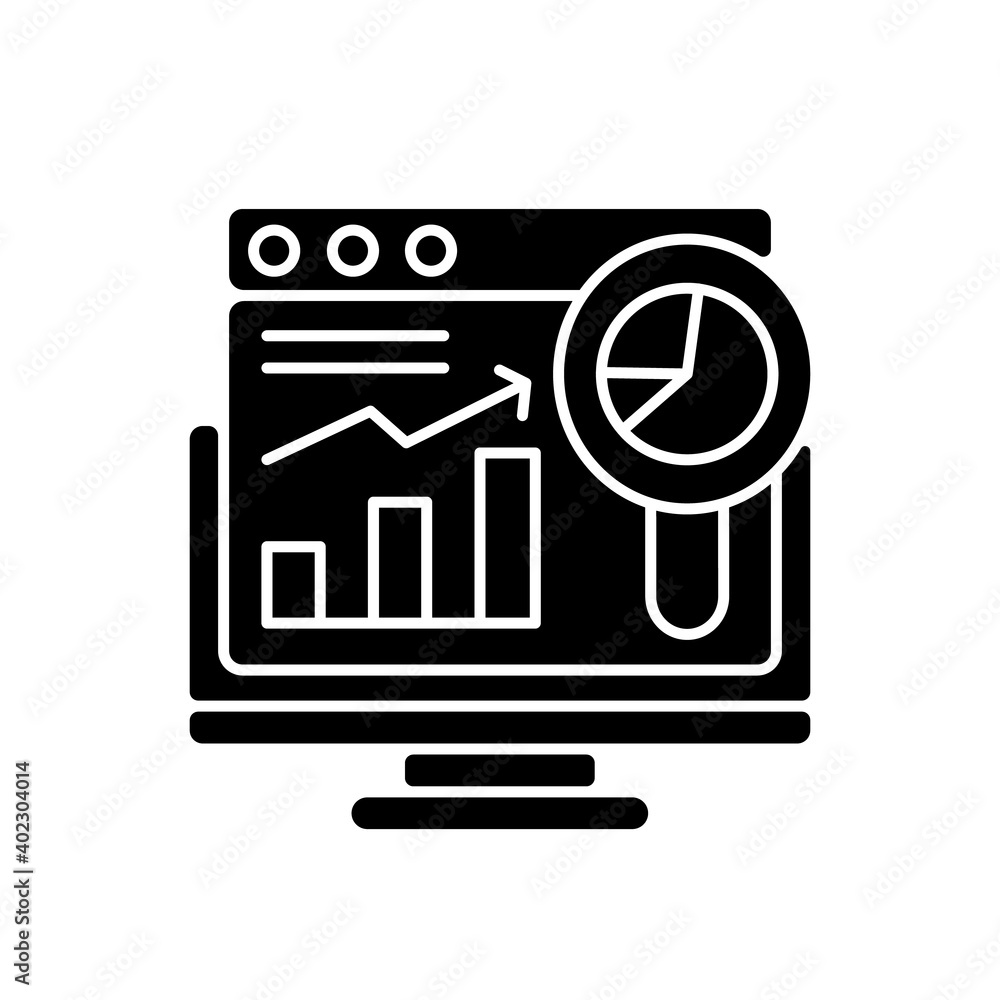 Poster web analytics black glyph icon. online search engine optimization. site data analysis. internet mark
