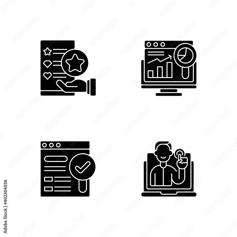 Poster web analytics and management black glyph icons set on white space. usability evaluation. findable si