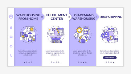 Obraz premium Online service for warehouse onboarding vector template. Dropshipping delivery. Logistics management. Responsive mobile website with icons. Webpage walkthrough step screens. RGB color concept