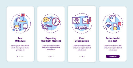 Procrastination reasons onboarding mobile app page screen with concepts. Failure fear, poor organization walkthrough 4 steps graphic instructions. UI vector template with RGB color illustrations