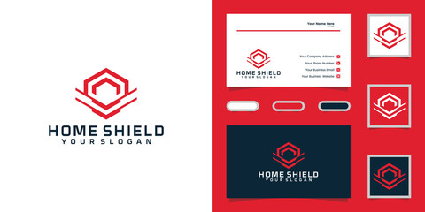 Home shield logo with hexagon shape design template and business card