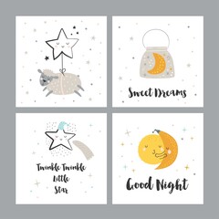 Vector set of four night cards with cute cartoon characters and phrases. Beautiful posters for baby rooms or bedroom. Childish backgrounds with moon, stars, cloud.