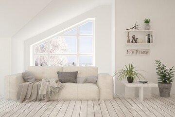 White living room with sofa and winter landscape in window. Scandinavian interior design. 3D illustration