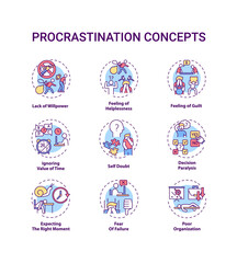 Fototapeta premium Procrastination concept icons set. Poor organization idea thin line RGB color illustrations. Willpower lacking. Self doubt. Decision paralysis. Vector isolated outline drawings. Editable stroke