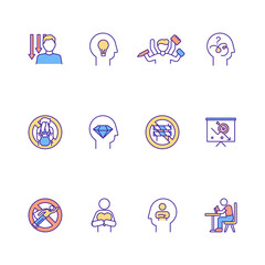 Procrastination RGB color icons set. Motivational psychology. Procrastinatory cognitions. Low priority task. Super productive. Student syndrome solving. Isolated vector illustrations
