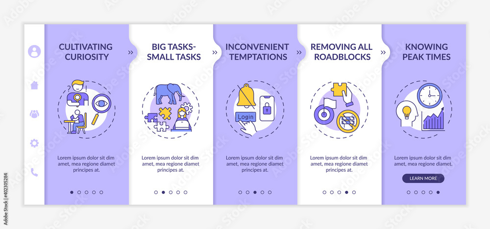 Poster overcoming delaying tasks habit tips onboarding vector template. curiosity cultivation. knowing peak