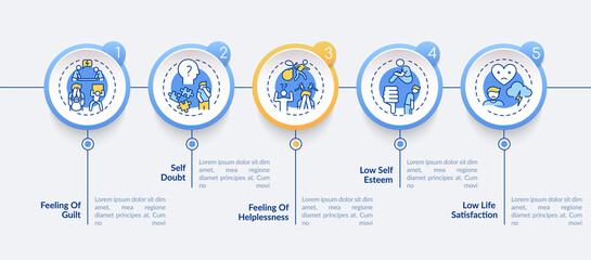 Procrastination signs vector infographic template. Hesitancy, dissatisfaction presentation design elements. Data visualization with 5 steps. Process timeline chart. Workflow layout with linear icons