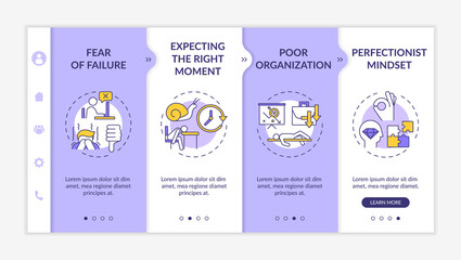 Delaying tasks habit causes onboarding vector template. Failure fear. Expecting right moment. Responsive mobile website with icons. Webpage walkthrough step screens. RGB color concept