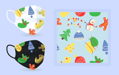 Naklejka premium New Year white, black face mask mockup with modern abstract seamless pattern. Christmas pattern. Flat vector shapes. Texture with trendy cartoon color icons. Decorative design with graphic elements