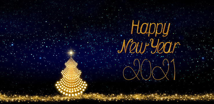 New Year 2021 background with Christmas tree isolated on stars sky background.
