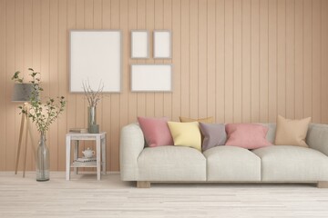 Modern living room with sofa. Scandinavian interior design. 3D illustration