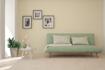 Fototapeta premium White living room with sofa. Scandinavian interior design. 3D illustration