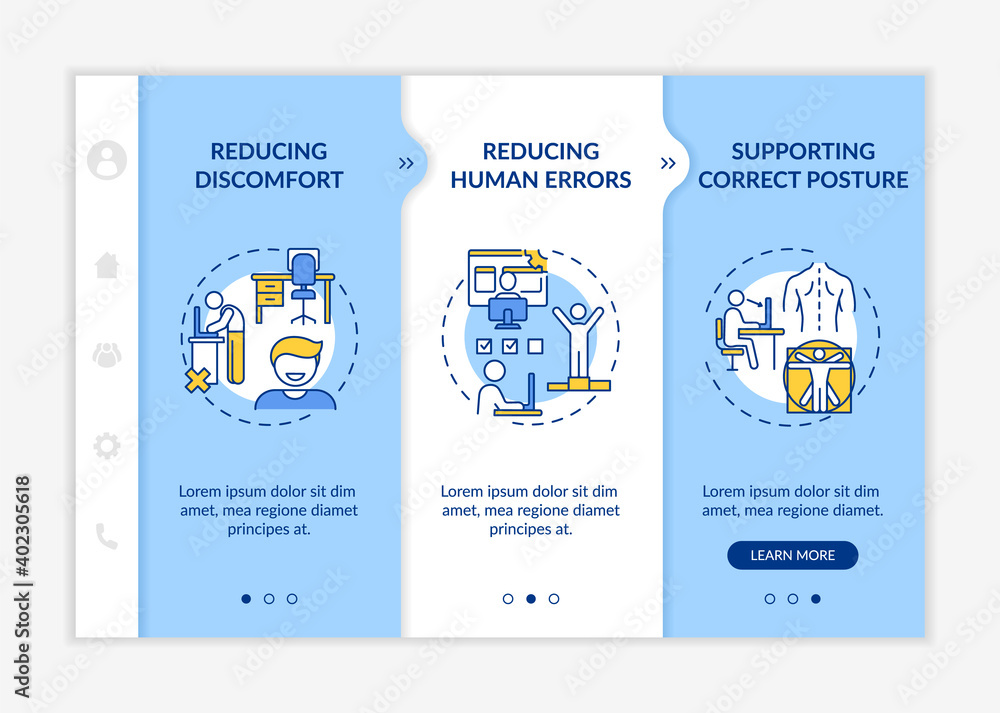 Poster workplace safety design benefits onboarding vector template. reducing human errors. correct position