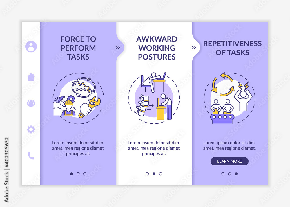 Poster workplace safety stressors onboarding vector template. force to perform tasks. repetitiveness. respo