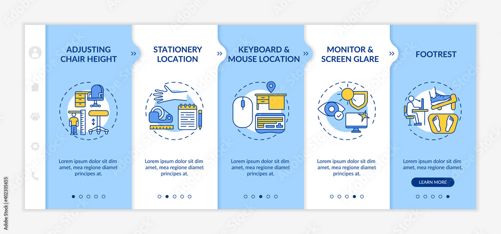 Aufkleber office workplace safety tips onboarding vector template. chair height. keyboard and mouse location. 