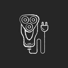 Electric shaver chalk white icon on black background. Trimmer. Dry razor. Trimming stubble. Reducing skin irritation, cuts and ingrown hairs. Isolated vector chalkboard illustration