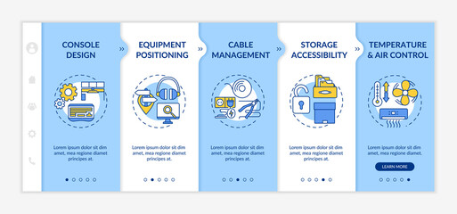 Ergonomics in control room onboarding vector template. Console design. Cable management. Temperature control. Responsive mobile website with icons. Webpage walkthrough step screens. RGB color concept