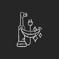 Electric toothbrush chalk white icon on black background. Removing plaque buildup. Dental hygiene. Cleaning teeth and gums. Bristles vibration and rotation. Isolated vector chalkboard illustration