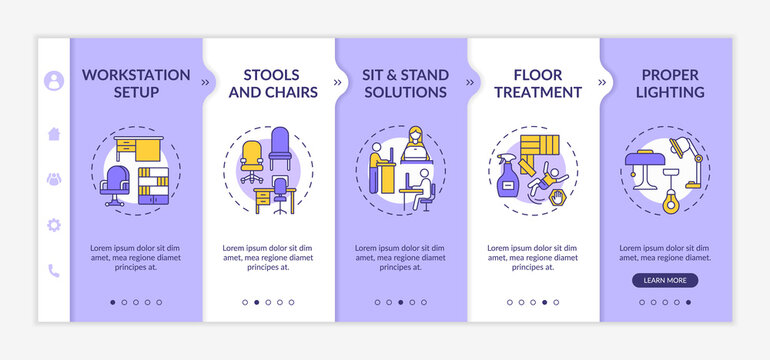 Ergonomic Workplace Design Onboarding Vector Template. Work Station Setup. Sit And Stand Solutions. Lighting. Responsive Mobile Website With Icons. Webpage Walkthrough Step Screens. RGB Color Concept