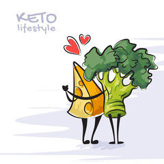 Color vector illustration of keto lifestyle. Funny dancing cheese and broccoli characters. Cute cartoon characters with love emotions. Keto diet concept