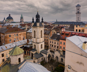 Obraz premium View on Armenian Cathedral of the Assumption of Mary from drone in Lviv, Ukraine