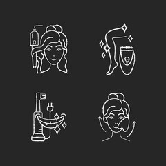 Skin-care tools chalk white icons set on black background. Curling iron. Epilator. Electric toothbrush. Gua sha stone. Hair tong. Removing unwanted hair. Isolated vector chalkboard illustrations
