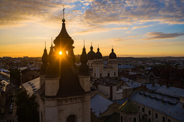 View on  Armenian Cathedral of the Assumption of Mary from drone in Lviv, Ukraine