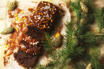 Selective focus. New Year's chocolate cake.