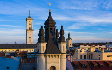 Fototapeta premium View on Armenian Cathedral of the Assumption of Mary from drone in Lviv, Ukraine