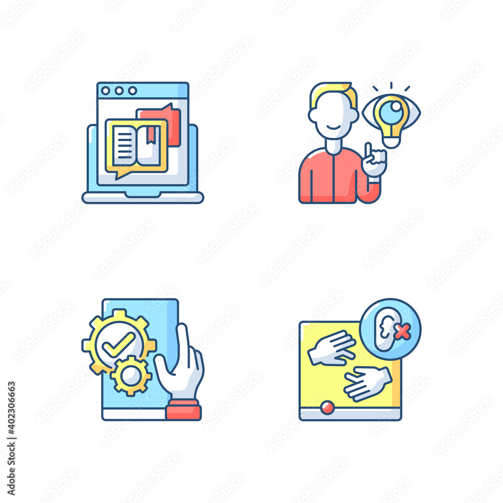 Poster user experience management rgb color icons set. storytelling for online blog. website accessibility.