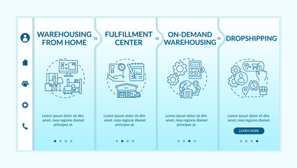 Warehousing from home onboarding vector template. Fulfillment center. On demand warehousing. Responsive mobile website with icons. Webpage walkthrough step screens. RGB color concept