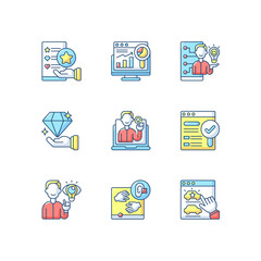 Responsive website design RGB color icons set. Usability evaluation. Web analytics. Findable, valuable site. Desirable product. User experience. Creative thinking. Isolated vector illustrations