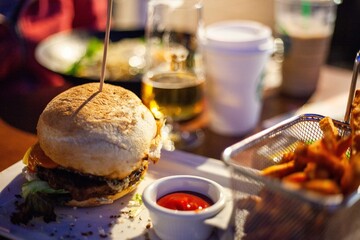 burger meal in fine dining restaurant