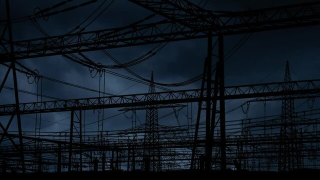 Electricity: Lightning and Thunderstorm flash over the  High voltage power lines Skyline