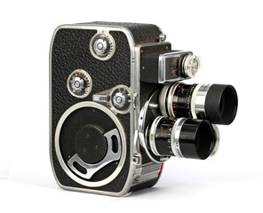 A vintage Swiss Bolex Paillard D8L Double 8mm cine camera from 1958 with three lenses.