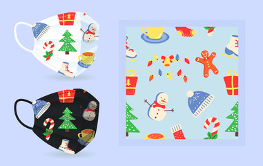 Christmas pattern face mask mockup with modern abstract seamless pattern. Garland, snowman, treat. Flat vector shapes. Texture with trendy cartoon color icons. Decorative design with graphic elements